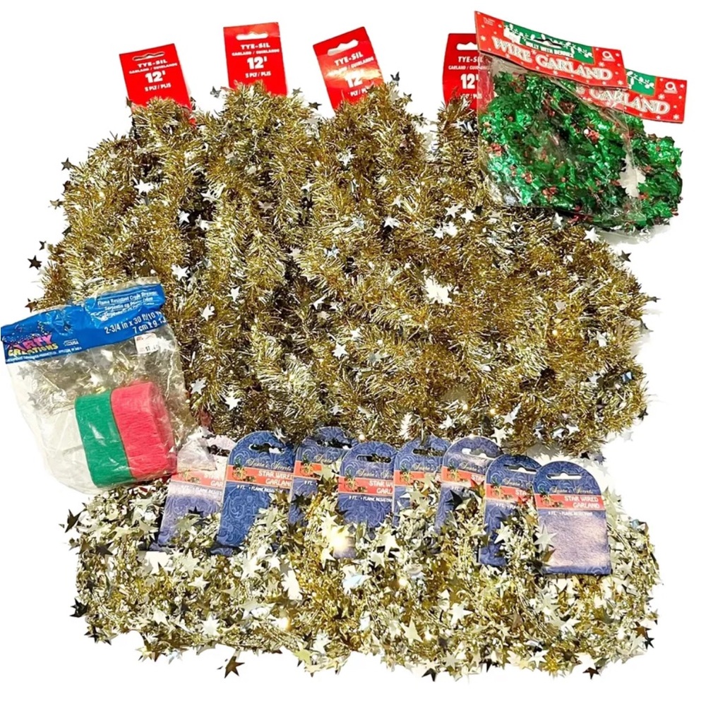 Vintage Christmas Tinsel Garland Decorations Gold Stars Green Red Holly Berries
